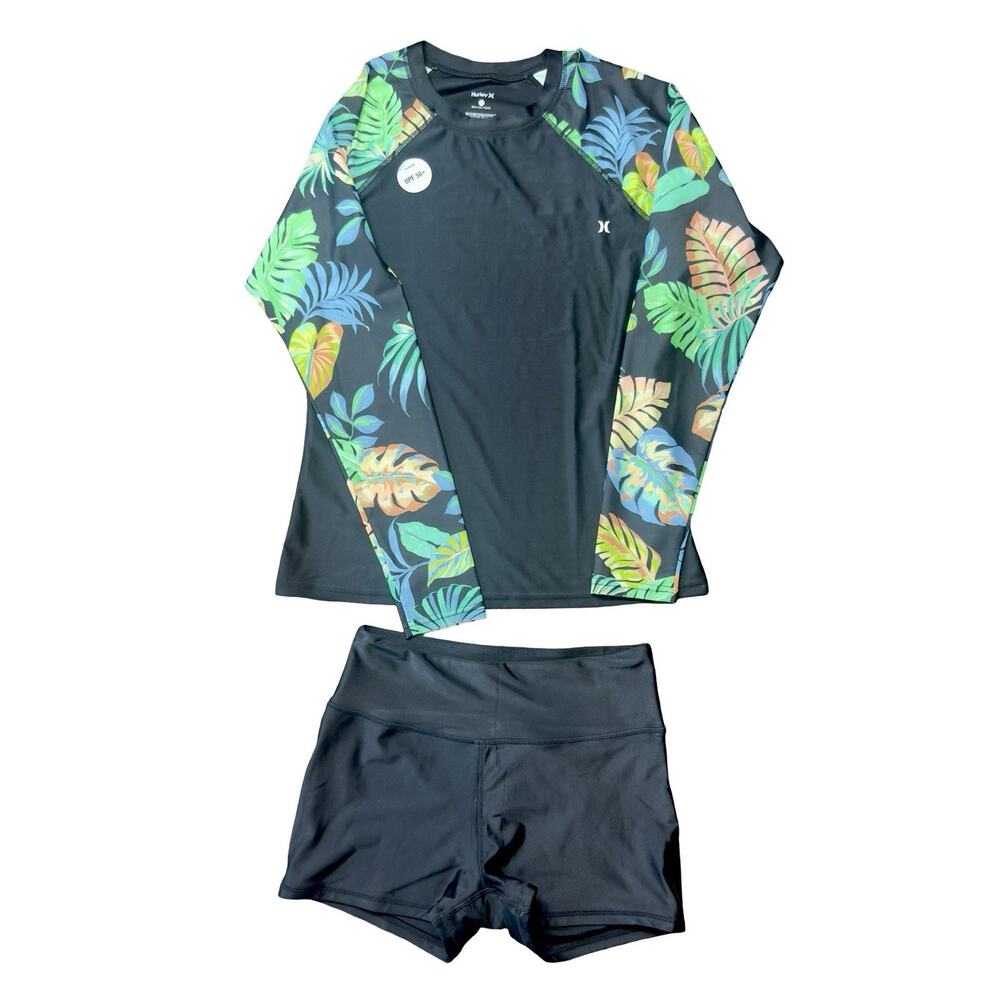 Hurley Women’s Rash Guard Swim Set Small UPF 50+ Tropical Long Sleeve Shorts